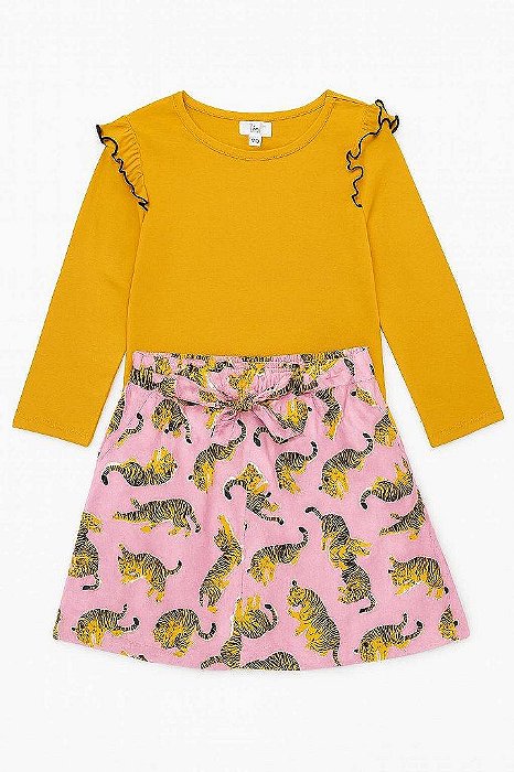 CONJUNTO 2 PEÇAS MENINA CROWN E IVY CAMISETA AMARELA SAIA TIGRE