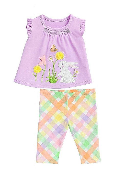 CONJUNTO MENINA BONNIE JEAN 2 PEÇAS BATA LILÁS COELHO E LEGGING XADREZ