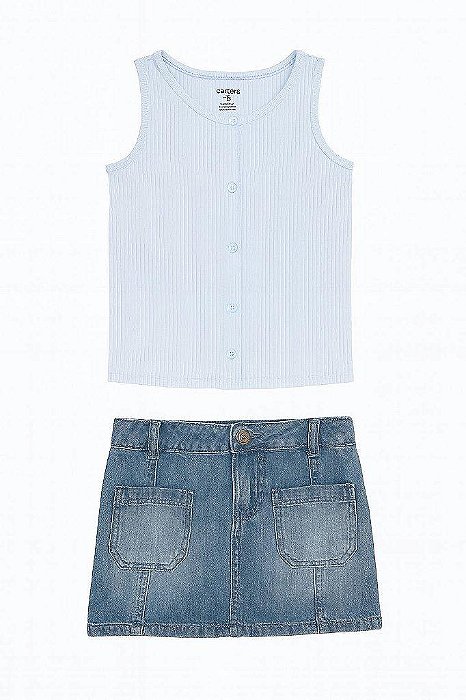CONJUNTO MENINA 2 PEÇAS OSHKOSH REGATA AZUL E SAIA JEANS