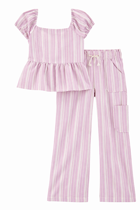 CONJUNTO MENINA 2 PEÇAS OSHKOSH BATA E CALÇA LILÁS LISTRAS