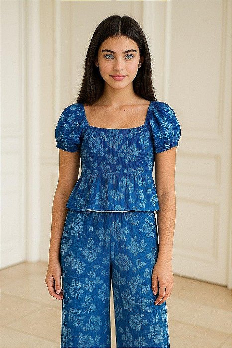 CONJUNTO MENINA 2 PEÇAS OSHKOSH BATA E CALÇA AZUL FLORAL