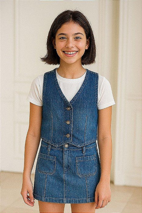 CONJUNTO MENINA 2 PEÇAS OSHKOSH COLETE E SAIA JEANS