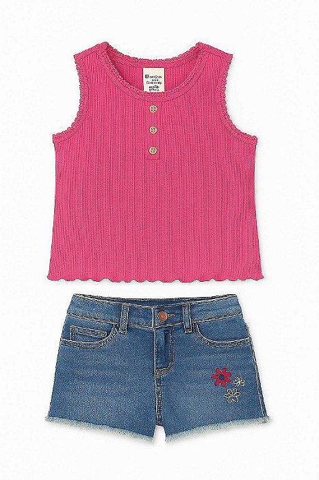CONJUNTO MENINA OSHKOSH REGATA BORDÔ COM SHORTS JEANS BORDADO