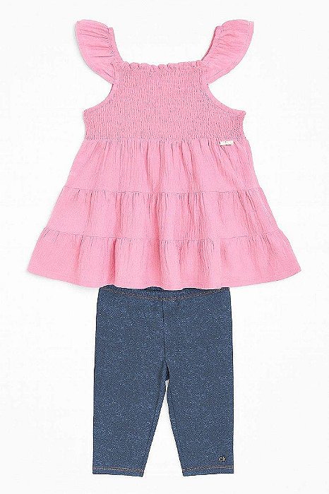 CONJUNTO INFANTIL MENINA 2 PEÇAS CALVIN KLEIN BATA ROSA CALÇA JEANS FAKE