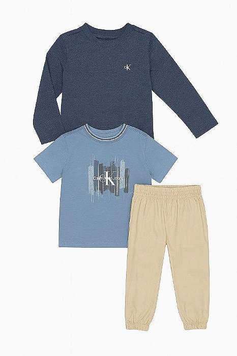 CONJUNTO 3 PEÇAS MENINO CALVIN KLEIN CAMISETAS E CALÇA SARJA CARAMELO