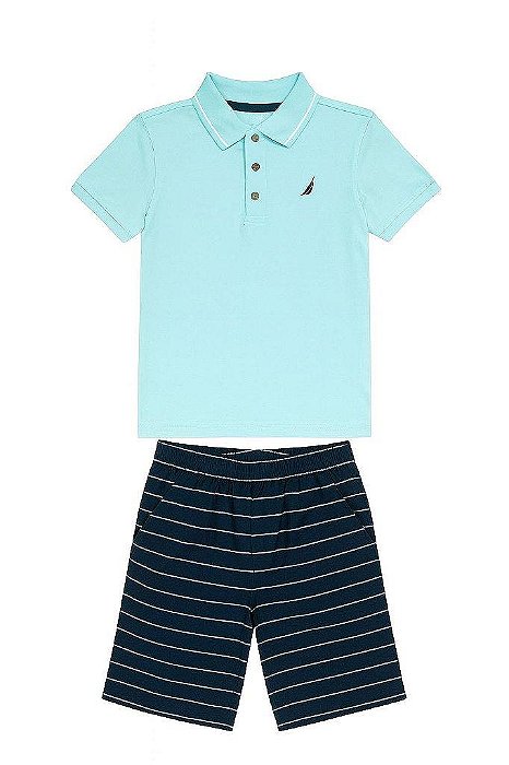 CONJUNTO 2 PEÇAS MENINO NÁUTICA CAMISETA POLO AZUL COM BERMUDA