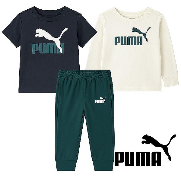 CONJUNTO 3 PEÇAS MENINO PUMA CAMISETA AZUL MARINHO E BEGE COM CALÇA