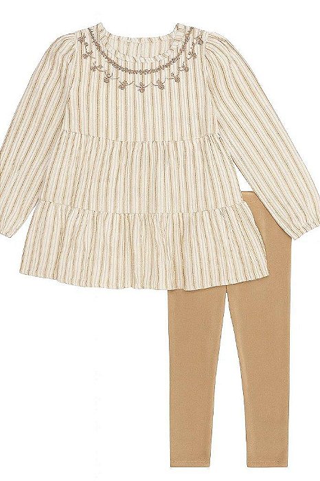 CONJUNTO MENINA LUCKY BRAND BATA LISTRADA COM BORDADO E LEGGING