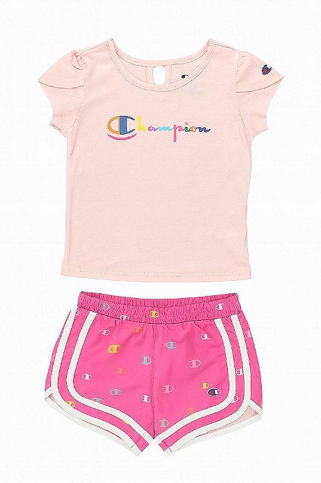CONJUNTO INFANTIL MENINA CHAMPION 2 PEÇAS CAMISETA ROSA + SHORTS PINK