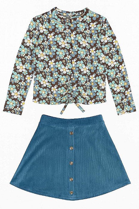 CONJUNTO INFANTIL MENINA BEAUTESS CAMISETA MARROM FLORES + SAIA VELUDO