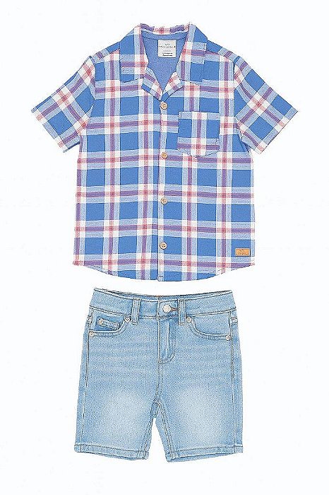 CONJUNTO INFANTIL MENINO KOALA KIDS CAMISA XADREZ AZUL + BERMUDA JEANS