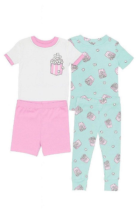 PIJAMA INFANTIL MENINA KIRKLAND 4 PEÇAS ESTAMPA PIPOCA IMPORTADO