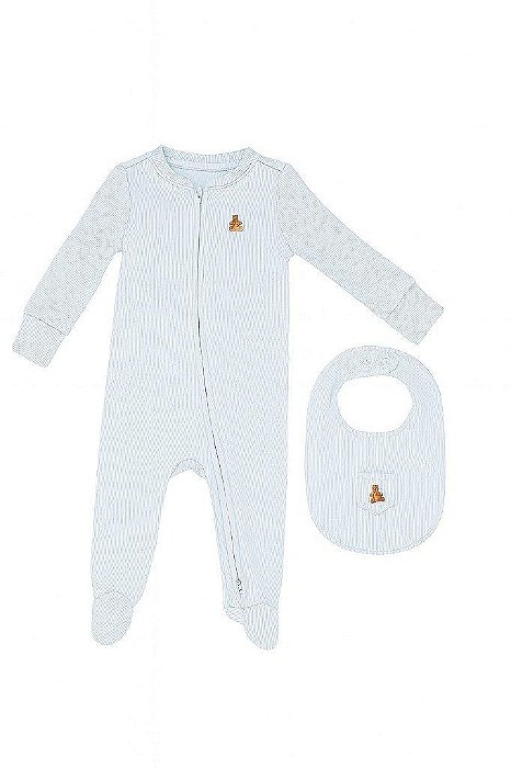 MACACÃO INFANTIL GAP AZUL CANELADO COM BABADOR URSO BORDADO