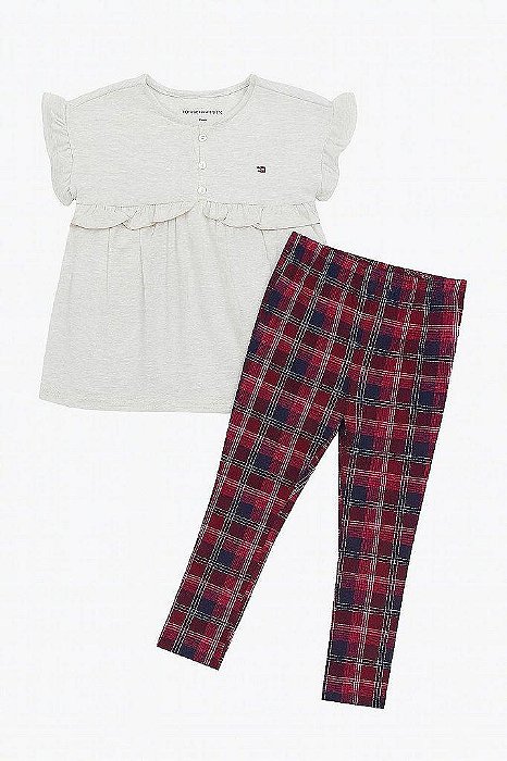 CONJUNTO INFANTIL MENINA TOMMY HILFIGER BATA CINZA + CALÇA XADREZ