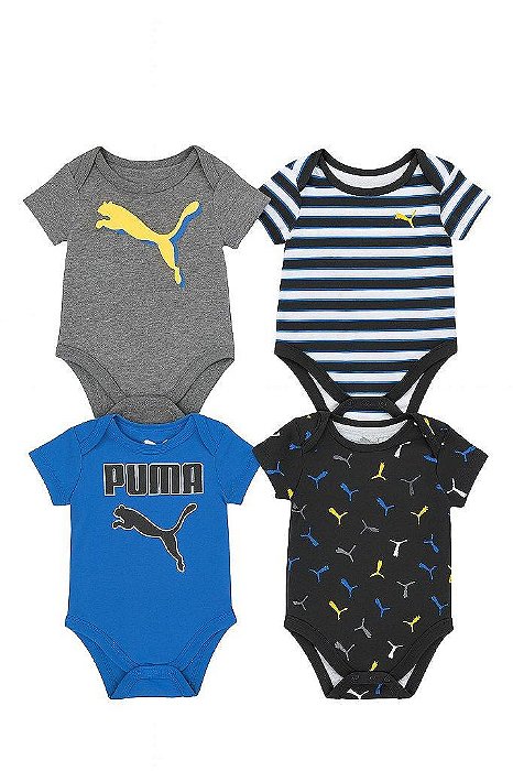 KIT INFANTIL MENINO PUMA 4 BODYS MANGA CURTA AZUL E PRETO LISTRAS