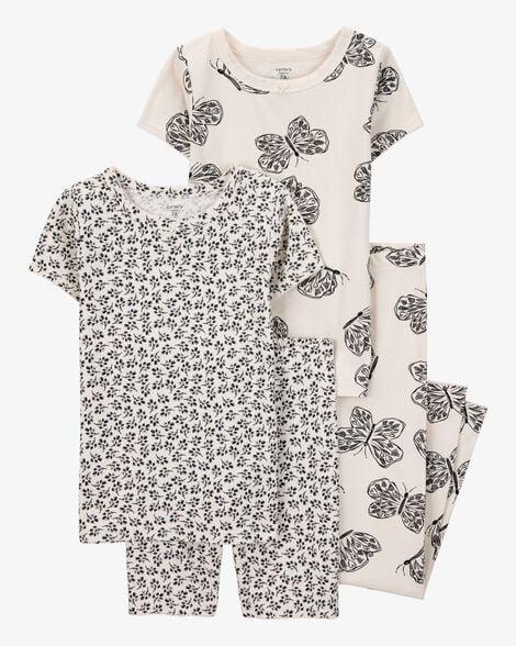 PIJAMA INFANTIL MENINA CARTER?S 4 PEÇAS BEGE FLORES PRETAS E BORBOLETAS