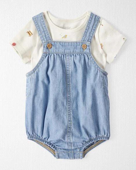 CONJUNTO INFANTIL LITTLE PLANET JARDINEIRA JEANS + CAMISETA BEGE