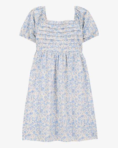 VESTIDO INFANTIL MENINA OSHKOSH FLORAL FRANZIDO AZUL