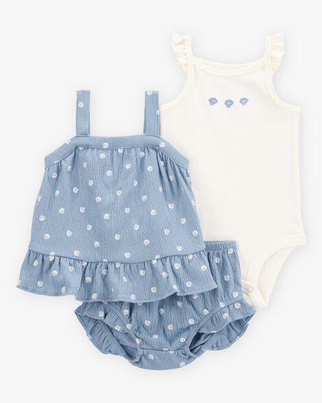 CONJUNTO 3 PEÇAS BEBÊ MENINA CARTER?S ESTAMPA CONCHA AZUL/BRANCO