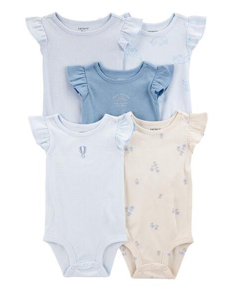 KIT 5 BODYS MANGA CURTA AZUL BEBÊ MENINA CARTER?S BABADO OMBRO