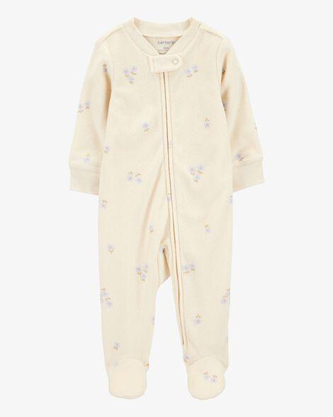 MACACÃO BEBÊ MENINA ATOALHADO MARFIM FLORAL COM ZÍPER BIDIRECIONAL