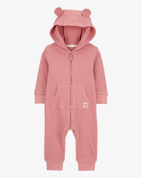 MACACÃO TÉRMICO BEBÊ URSO ROSA COM CAPUZ E ZÍPER