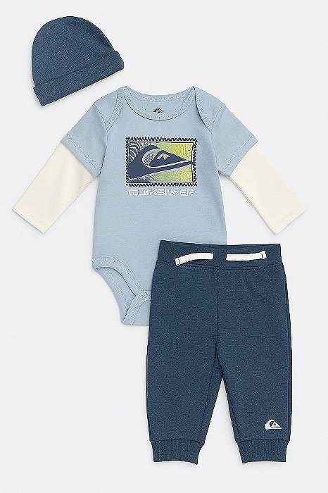 CONJUNTO INFANTIL QUIKSILVER 3 PEÇAS MENINO BODY AZUL E TOUCA