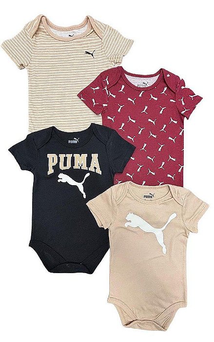 ROUPA INFANTIL MENINO PUMA KIT 4 BODYS MANGA CURTA BORDÔ E BEGE