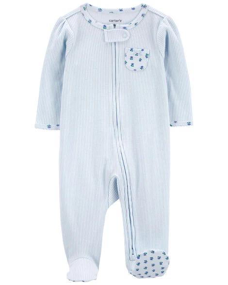 .MACACÃO INFANTIL MENINA CARTERS ALGODÃO CANELADO AZUL FLOR BOLSO