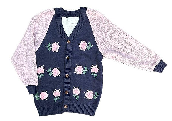 CARDIGAN INFANTIL MENINA LITTLE ? AZUL MARINHO E ROSA ELEGANTE