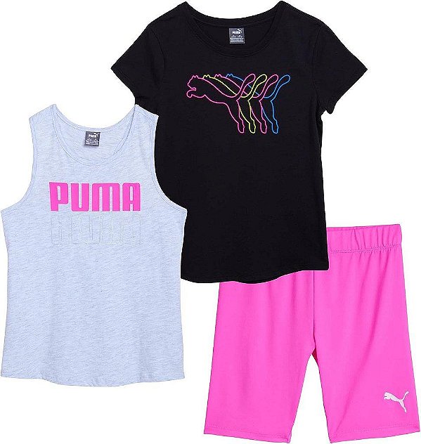 CONJUNTO PUMA INFANTIL MENINA 3 PEÇAS ? CAMISETA PRETA E REGATA CINZA
