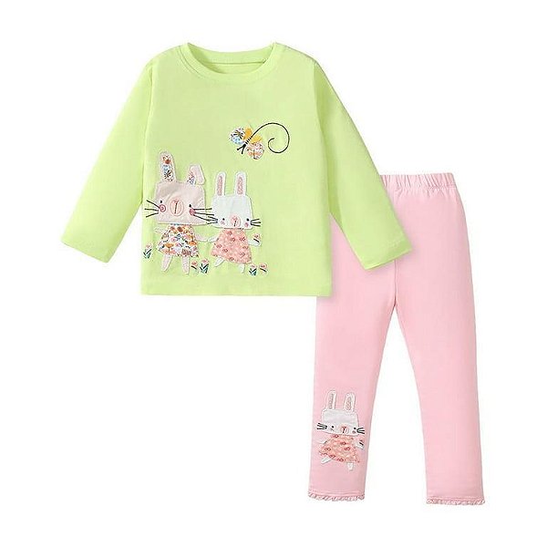 CONJUNTO INFANTIL MENINA LITTLE ? CAMISETA NEON COELHO + CALÇA 2PÇS
