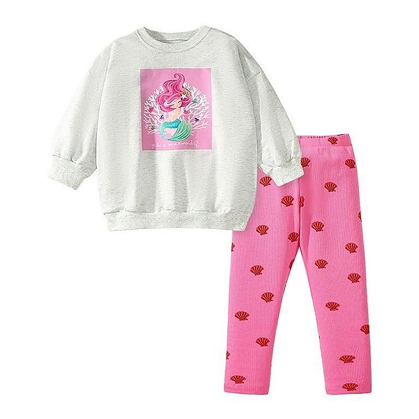 CONJUNTO INFANTIL MENINA LITTLE ? MOLETOM CINZA COM SEREIA 2 PEÇAS