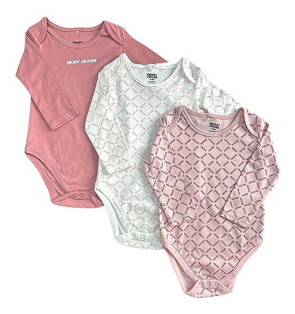 KIT 3 BODYS MANGA LONGA INFANTIL MENINA DKNY ? ROSA