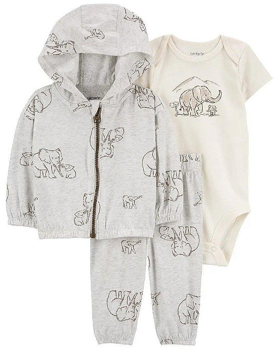 CONJ CARTERS 3 PÇS JAQUETA CINZA ELEFANTE - BEBÊ MENINO