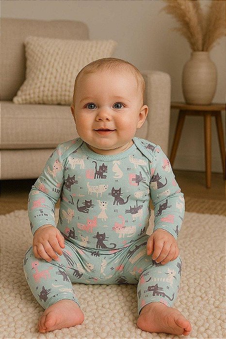 CONJUNTO INFANTIL MENINA DADOMILE BODY VERDE GATINHO MODAL ? 2 PEÇAS