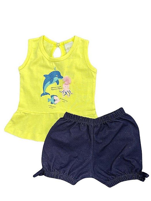 CONJUNTO INFANTIL MENINA REGATA GOLFINHO AMARELA 2 PEÇAS