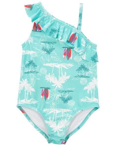 MAIÔ INFANTIL MENINA CARTERS AZUL ESTAMPA COQUEIROS PRAIA E PISCINA