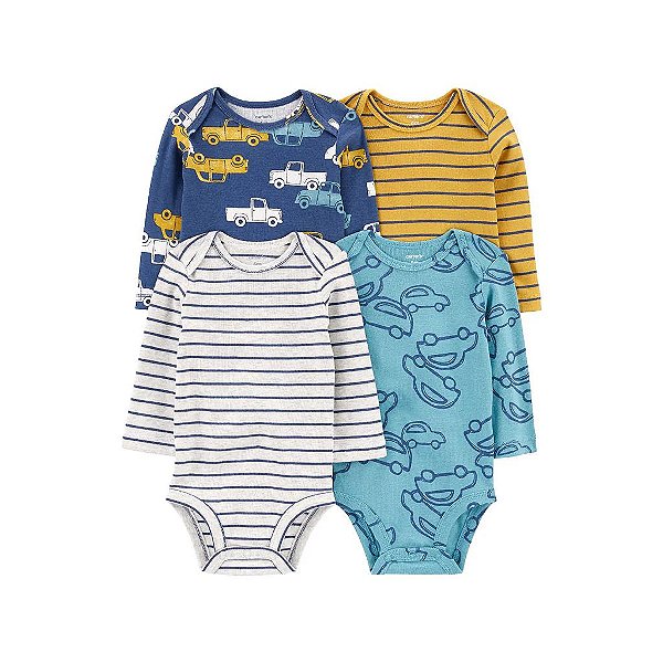 KIT 4 BODYS CARTERS AZUL MANGA LONGA TEMA CARROS BEBÊ
