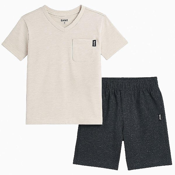 CONJUNTO INFANTIL DKNY CAMISETA ROSÊ E BERMUDA CINZA ? 2 PEÇAS