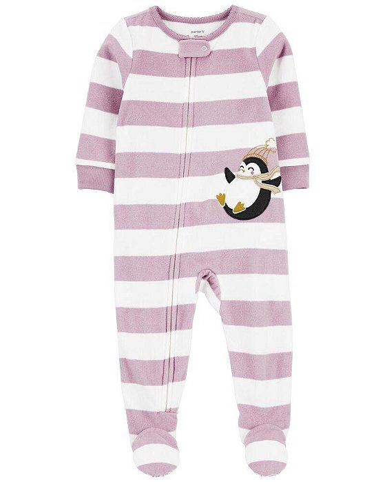 MACACÃO INFANTIL MENINA CARTERS FLEECE LILÁS LISTRAS PINGUIM