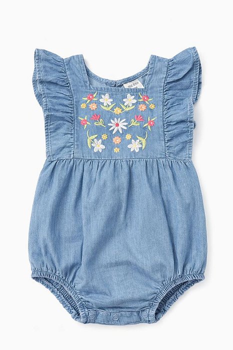 ROMPER MENINA OKIE DOKIE JEANS FAKE BORDADO FLORES