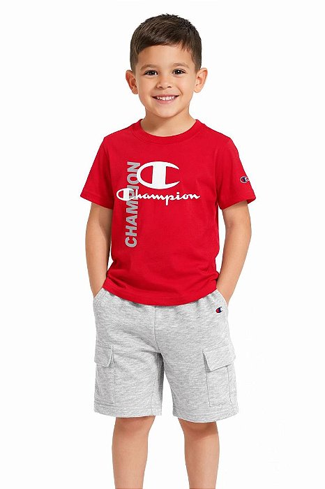 CONJUNTO CHAMPION 2 PEÇAS CAMISETA VERMELHA BERMUDA CINZA