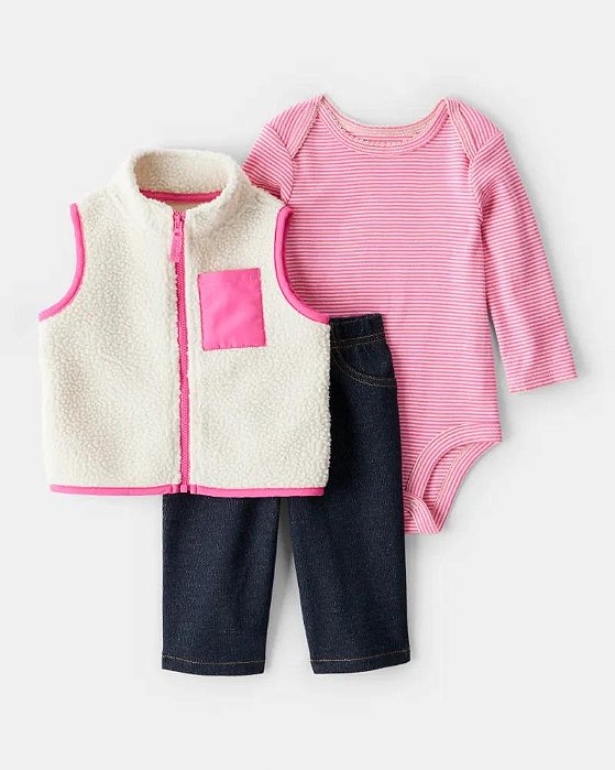 CONJUNTO 3 PÇS MENINA CARTERS COLETE FLEECE BEGE E PINK