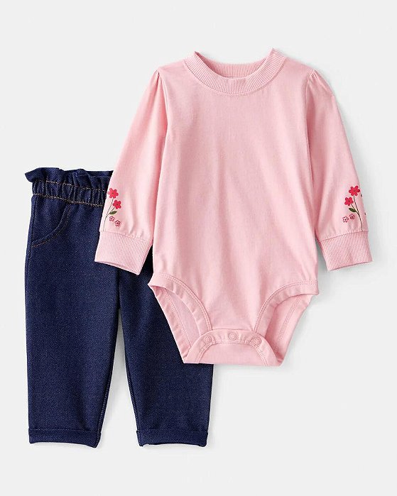 CONJUNTO 2 PÇS MENINA CARTERS BODY ROSA FLOR CALÇA JEANS FAKE