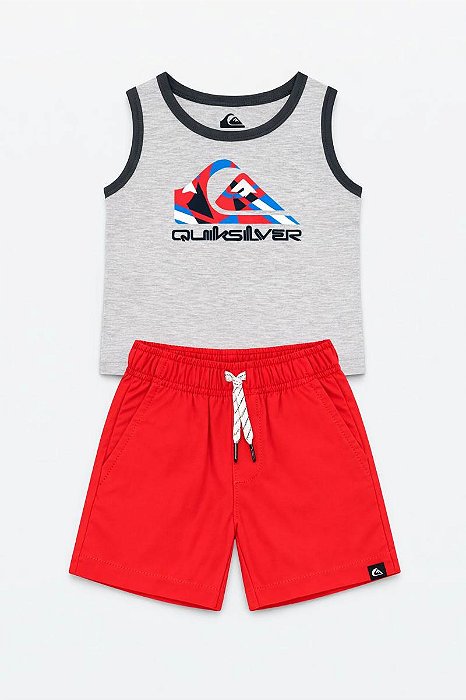 CONJ 2 PÇS QUIKSILVER REGATA CINZA BERMUDA VERMELHA