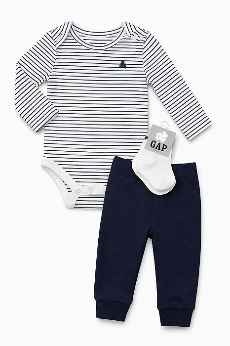 CONJUNTO GAP 3 PÇS BODY LISTRAS CALÇA AZUL MARINHO E MEIA