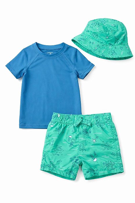 CONJUNTO FIRST IMPRESSION 3 PÇS BERMUDA POLVO CAMISETA AZUL COM CHAPÉU