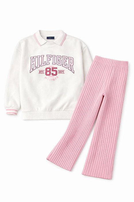 CONJUNTO MENINA TOMMY HILFIGER MOLETOM GOLA FORRADO FLEECE OFF COM CALÇA CANELADA