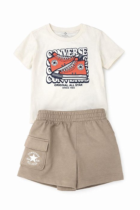 CONJ MENINO CONVERSE CAMISETA OFF E BERMUDA BEGE